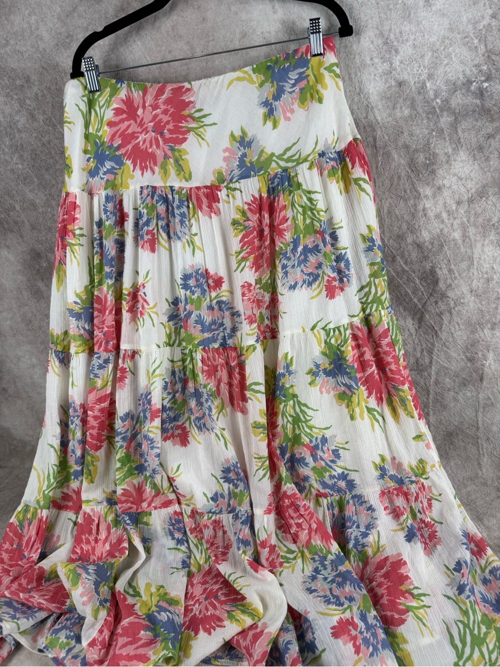 Chaps White Tiered Maxi Skirt with Pink, Blue & Green Floral Print Large - Picture 2 of 11